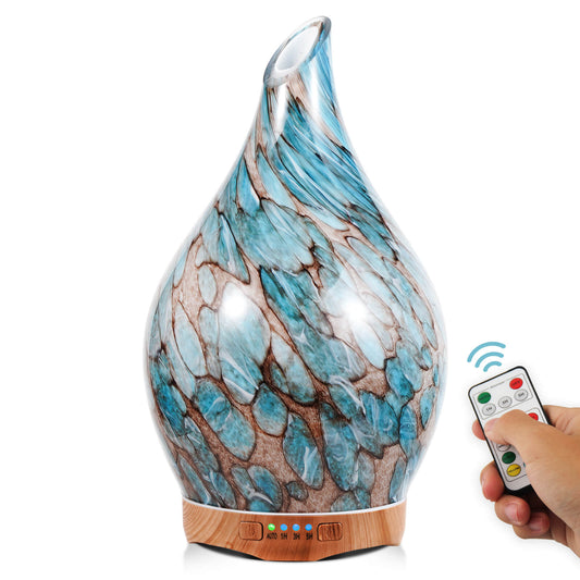 Porseme 280ml Essential Oil Diffuser Glass Color Changing Aroma Air Diffusers Aromatherapy Ultrasonic Cool Mist Humidifier with Remote Control 7 Running Hours Waterless Auto-Off (Light Blue)