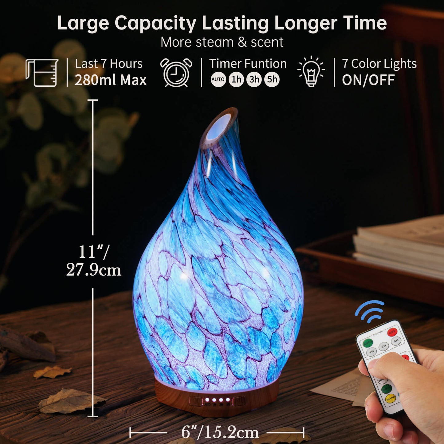 Porseme 280ml Essential Oil Diffuser Glass Color Changing Aroma Air Diffusers Aromatherapy Ultrasonic Cool Mist Humidifier with Remote Control 7 Running Hours Waterless Auto-Off (Light Blue)