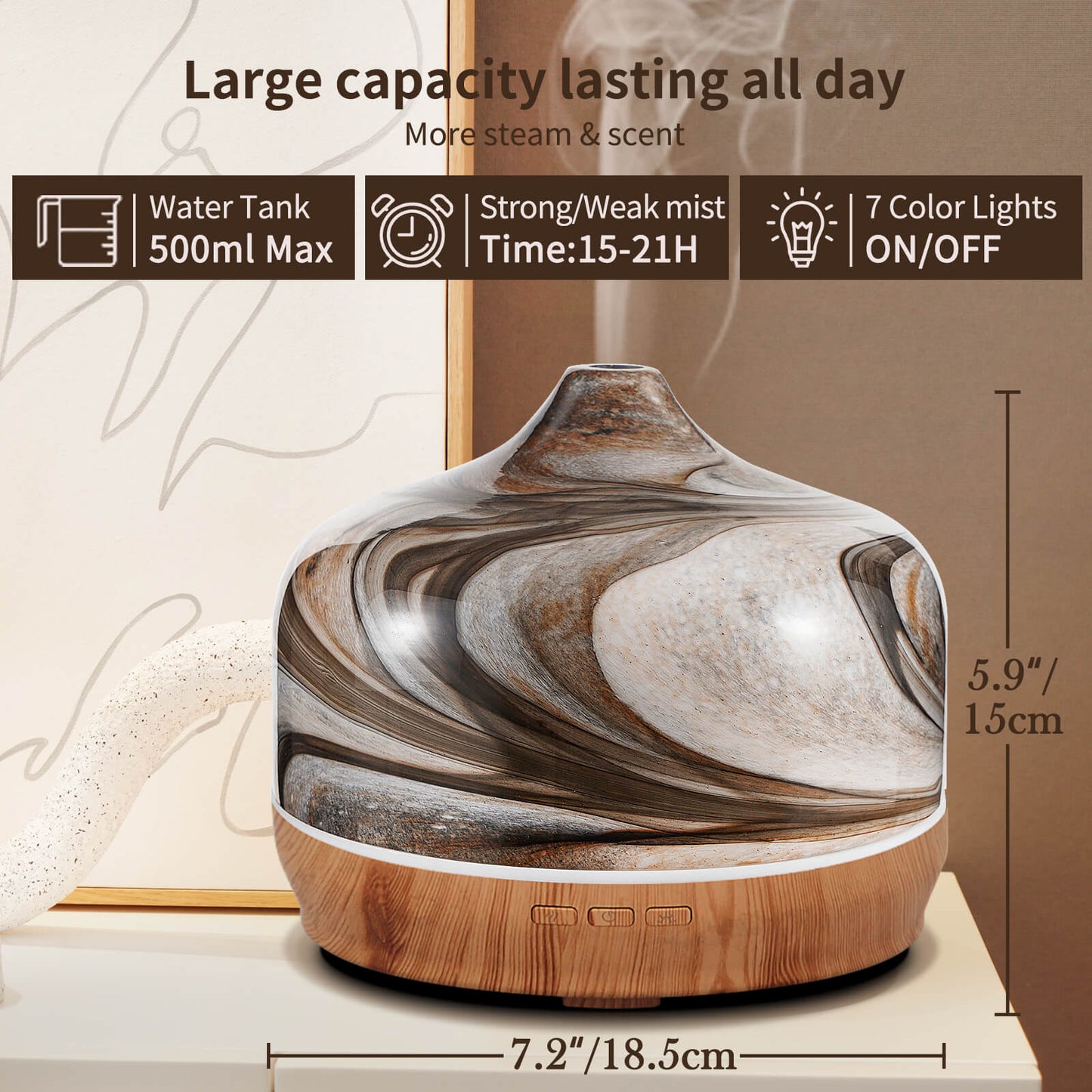 Porseme 500ml Glass Essential Oil Diffuser Aromatherapy Ultrasonic Cool Mist Humidifier 15-21 Running Hours Waterless Auto-Off Air Diffusers for Sleeping,Yoga,Office Working,Spa and Rest (Deep Desert)