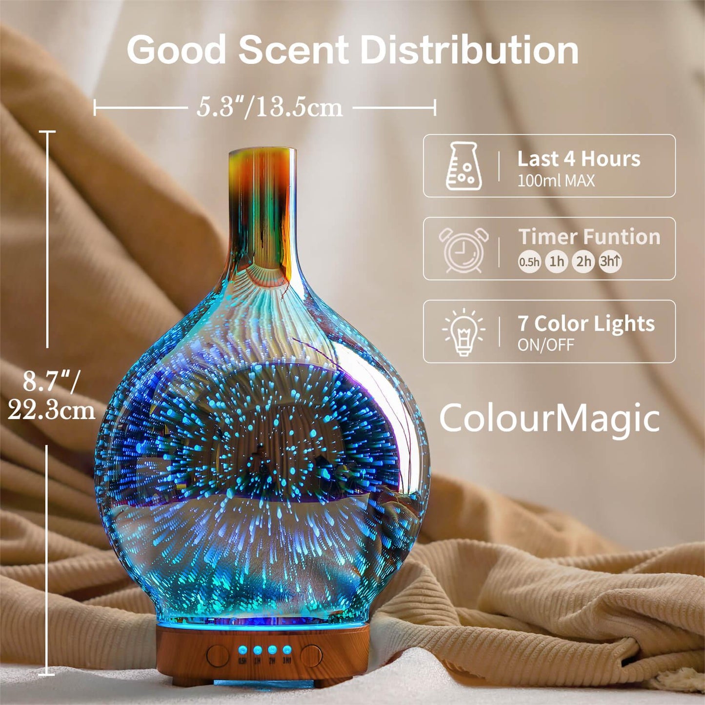 ColourMagic 3D Essential Oil Diffuser Cool Mist Humidifier Ultrasonic Aromatherapy Diffuser,100ml Last 4h,Auto Shut-Off,Air Refresh,Decoration for Home,Office,Yoga,Baby,Sleep