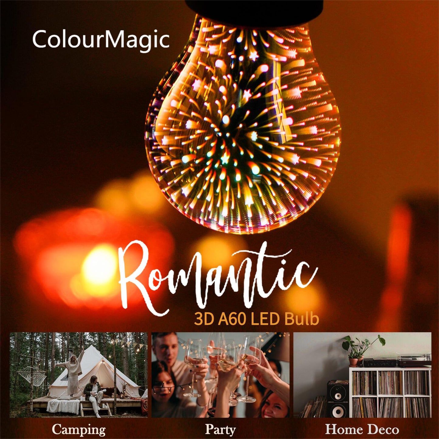 ColourMagic  3D LED A19 Bulb Decorative Light Bulb Fireworks Effect Glass Bulbs E26 Base 4W with Warm Light Shiny Decor for Home, Bedroom, Party (Pack of 1)