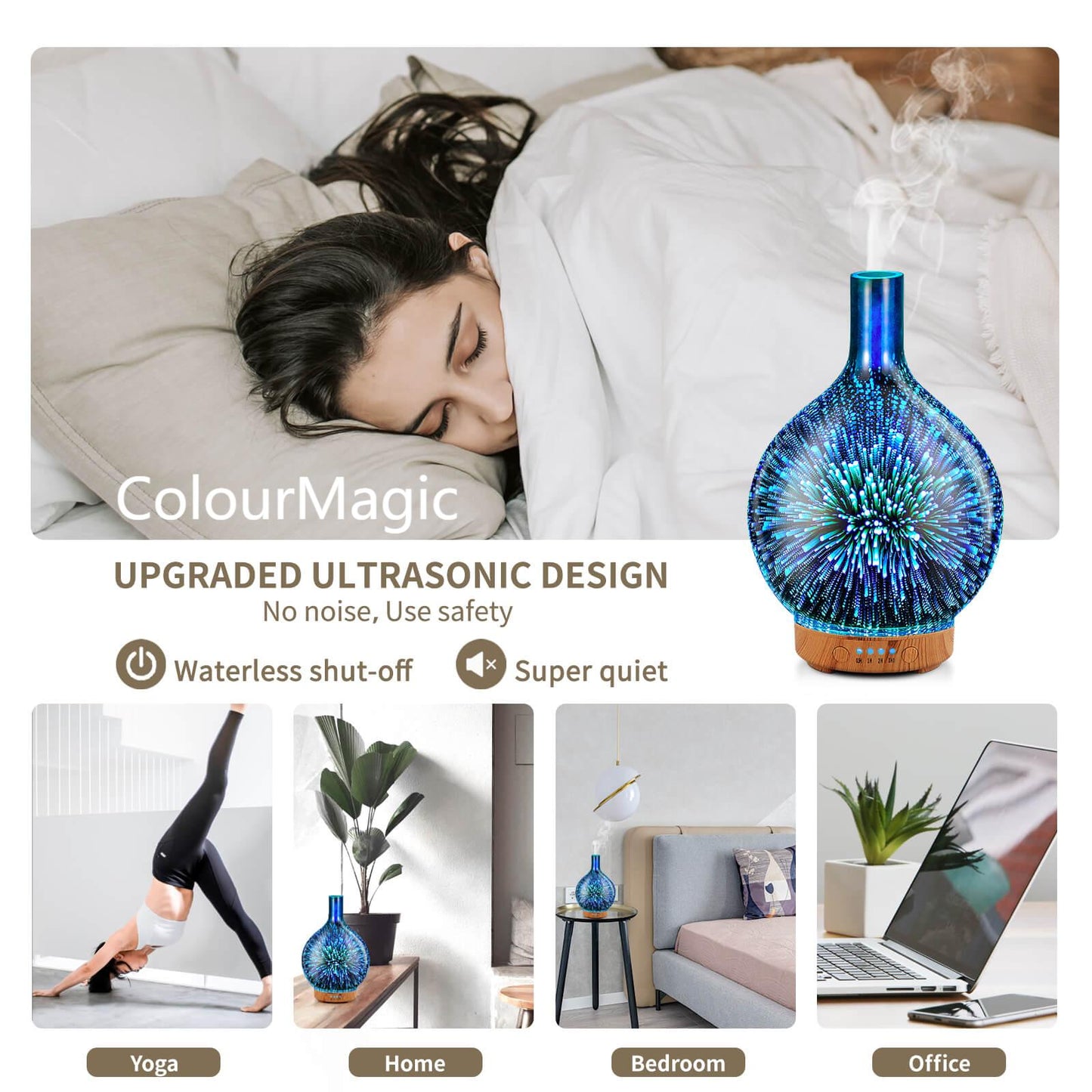 ColourMagic 3D Essential Oil Diffuser Cool Mist Humidifier Ultrasonic Aromatherapy Diffuser,100ml Last 4h,Auto Shut-Off,Air Refresh,Decoration for Home,Office,Yoga,Baby,Sleep