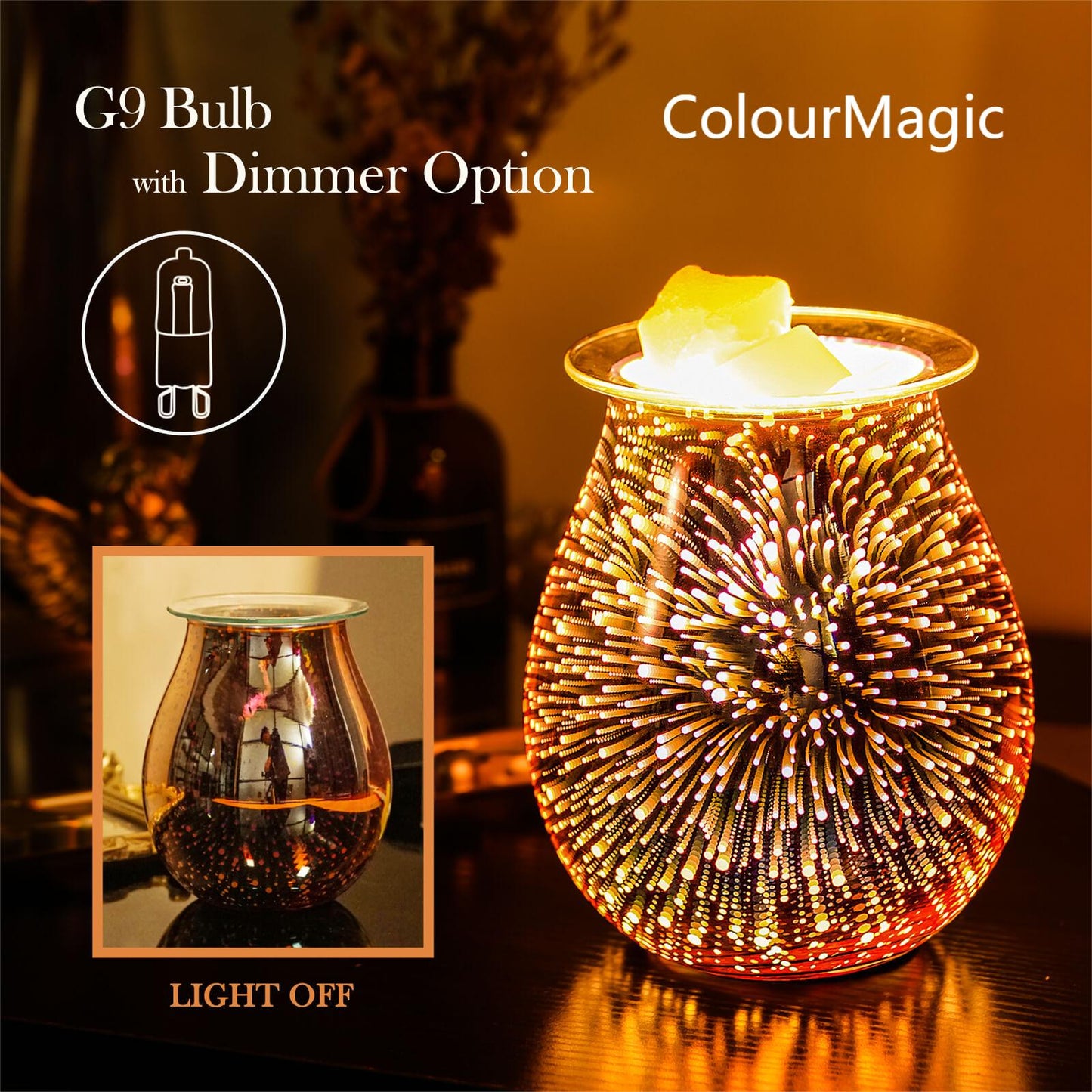 ColourMagic Rose Gold Electric Wax Warmer 3D Glass Firework Effect Candle Wax Melter Fragrance Oil Warmer with Dimmer Option Scented Wax Burner for Home Office Bedroom Living Room Gifts&Decor