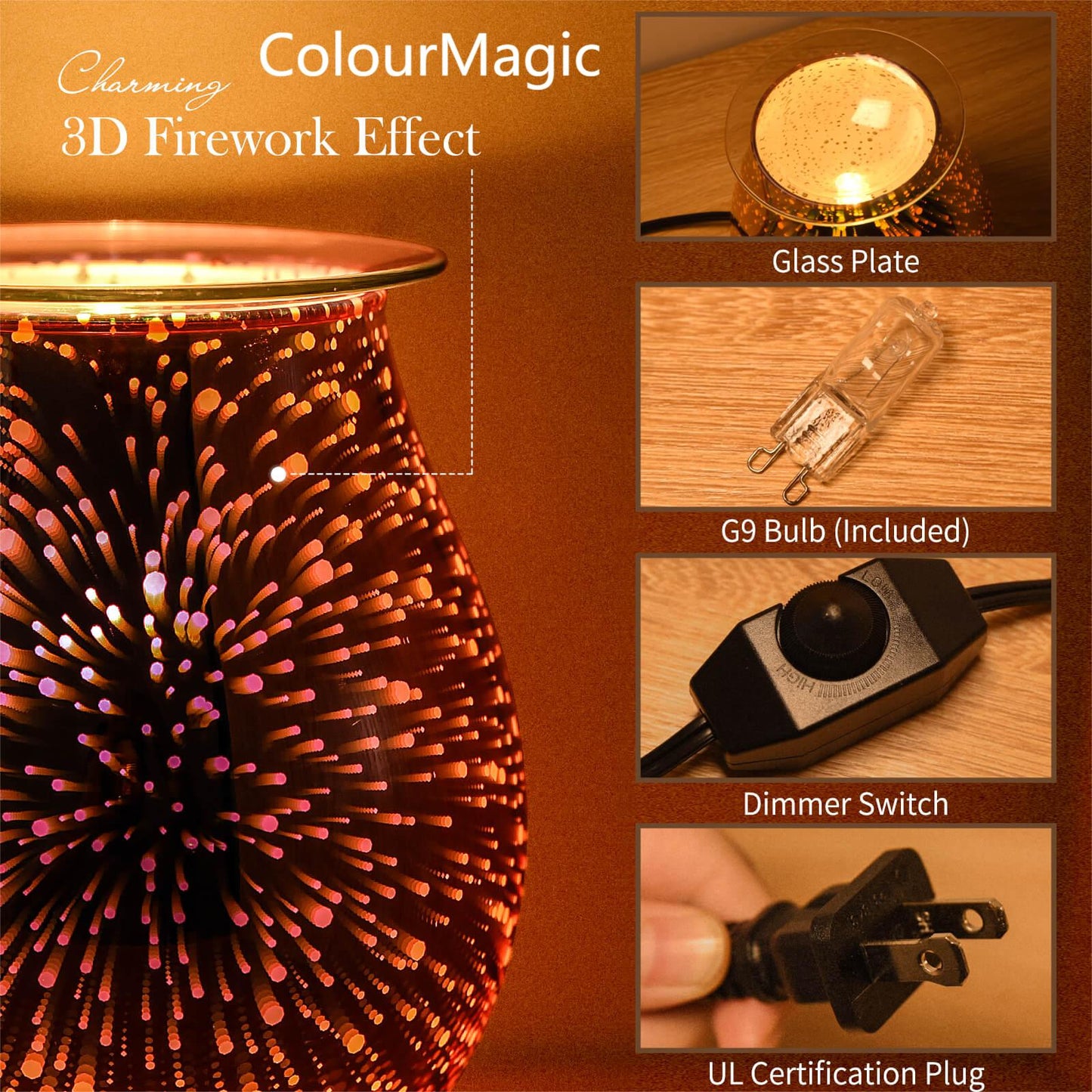 ColourMagic Rose Gold Electric Wax Warmer 3D Glass Firework Effect Candle Wax Melter Fragrance Oil Warmer with Dimmer Option Scented Wax Burner for Home Office Bedroom Living Room Gifts&Decor