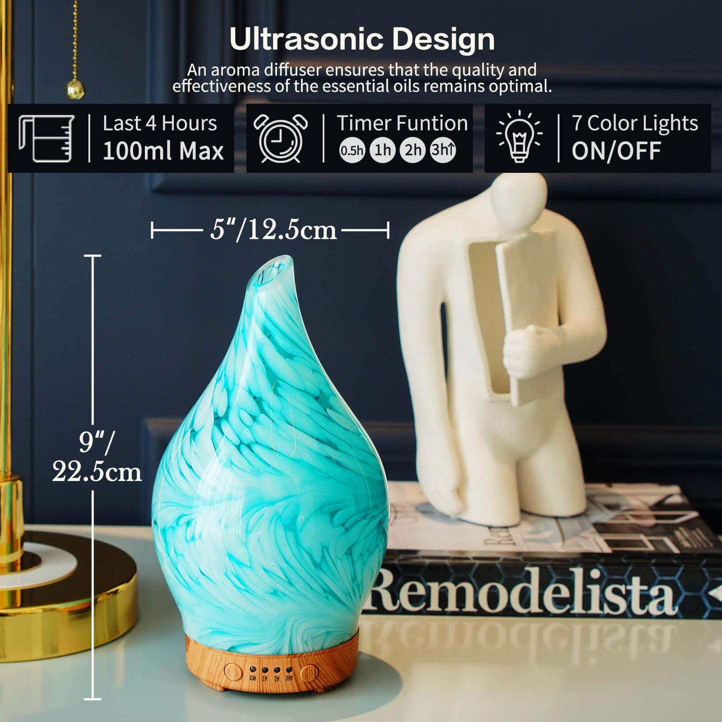 Porseme 100ml Essential Oil Diffuser Glass Color Changing Aroma Air Diffusers Aromatherapy Ultrasonic Cool Mist Humidifier 4 Running Hours Waterless Auto-Off for Sleeping Yoga Office Spa (Blue Wave)