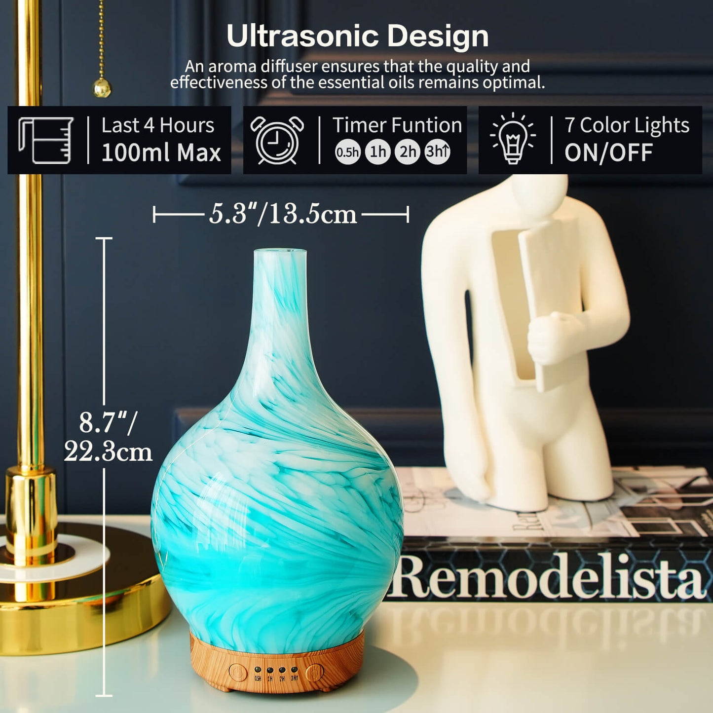 Porseme 100ml Essential Oil Diffuser Glass Color Changing Aroma Air Diffusers Aromatherapy Ultrasonic Cool Mist Humidifier 4 Running Hours Waterless Auto-Off for Sleeping, Yoga, Office, Spa(Blue Wave)