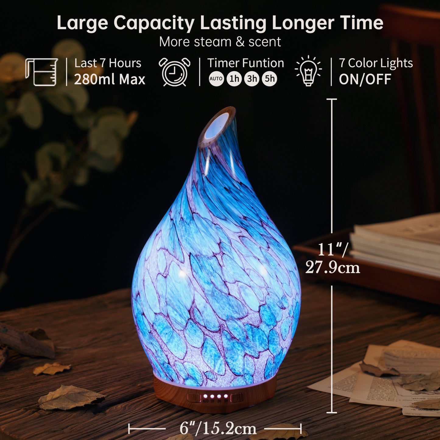 Porseme 280ml Glass Essential Oil Diffuser Aromatherapy Ultrasonic Cool Mist Humidifier 7 Running Hours Waterless Auto-Off Air Diffusers for Sleeping, Yoga, Office Working, Spa and Rest (Light Blue)