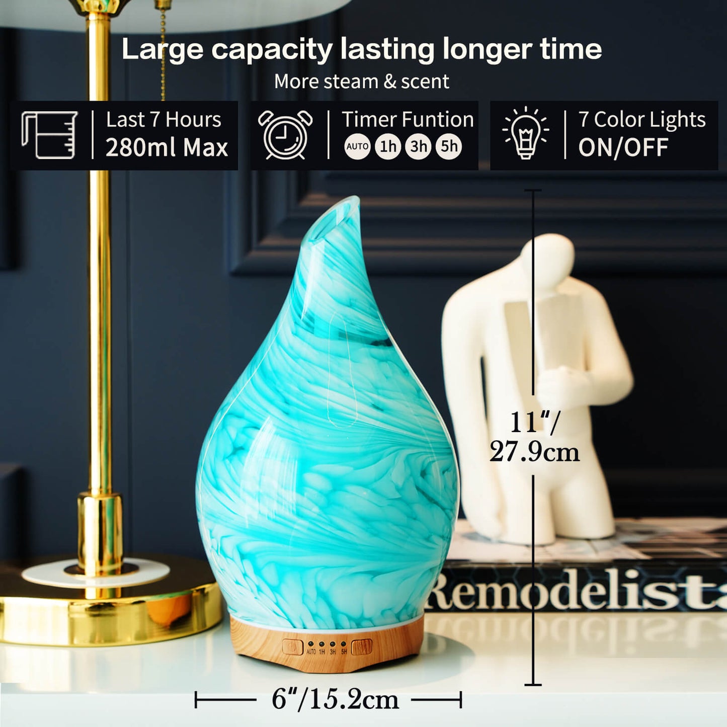 Porseme 280ml Essential Oil Diffuser Glass Color Changing Aroma Air Diffusers Aromatherapy Ultrasonic Cool Mist Humidifier 7 Running Hours Waterless Auto-off for Sleeping, Yoga, Office, Spa(Blue Wave)