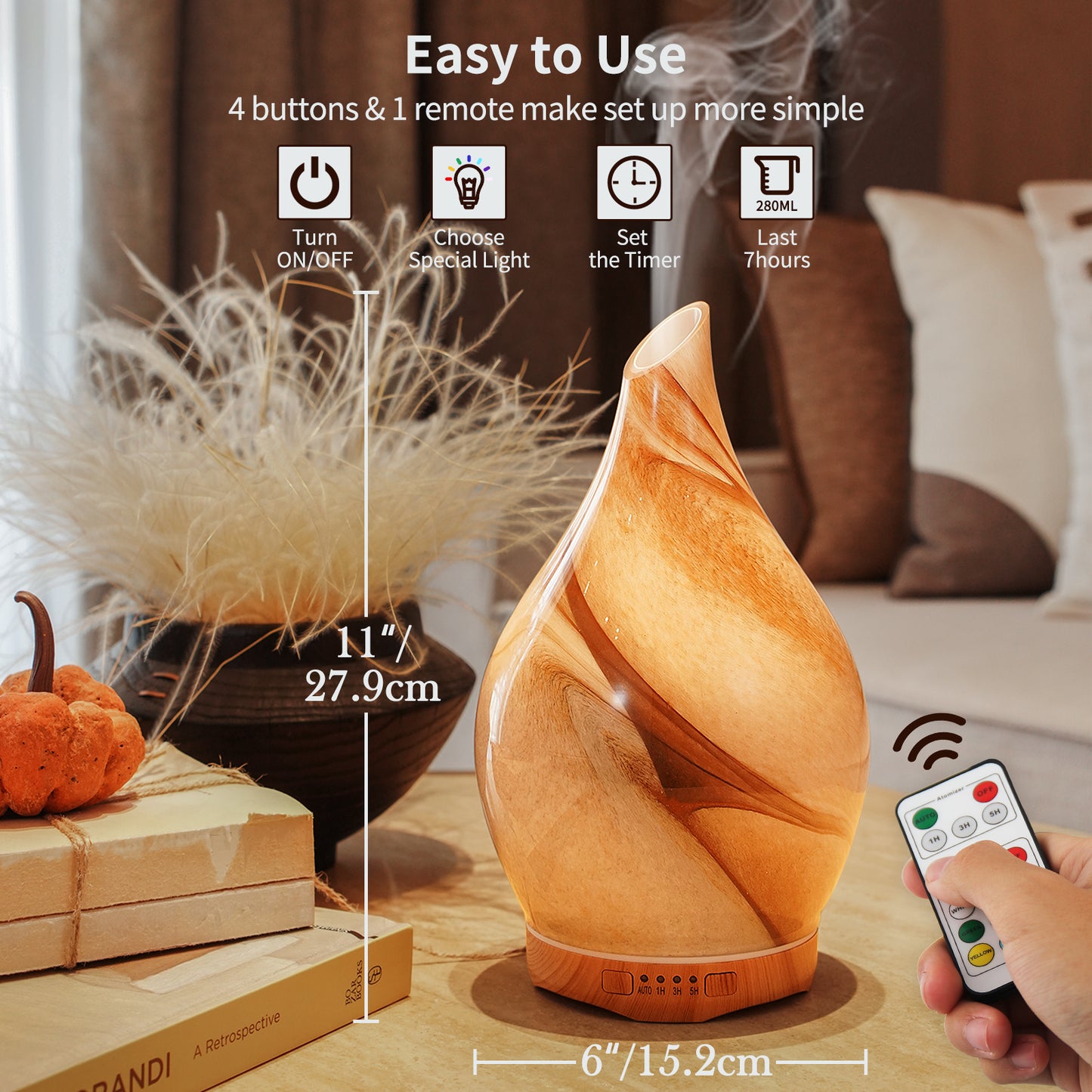 Porseme 280ml Essential Oil Diffuser Glass Color Changing Aroma Air Diffusers Aromatherapy Ultrasonic Cool Mist Humidifier with Remote Control 7 Running Hours Waterless Auto-Off (Desert)