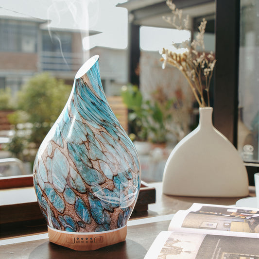 Porseme 280ml Glass Essential Oil Diffuser Aromatherapy Ultrasonic Cool Mist Humidifier 7 Running Hours Waterless Auto-Off Air Diffusers for Sleeping, Yoga, Office Working, Spa and Rest (Light Blue)