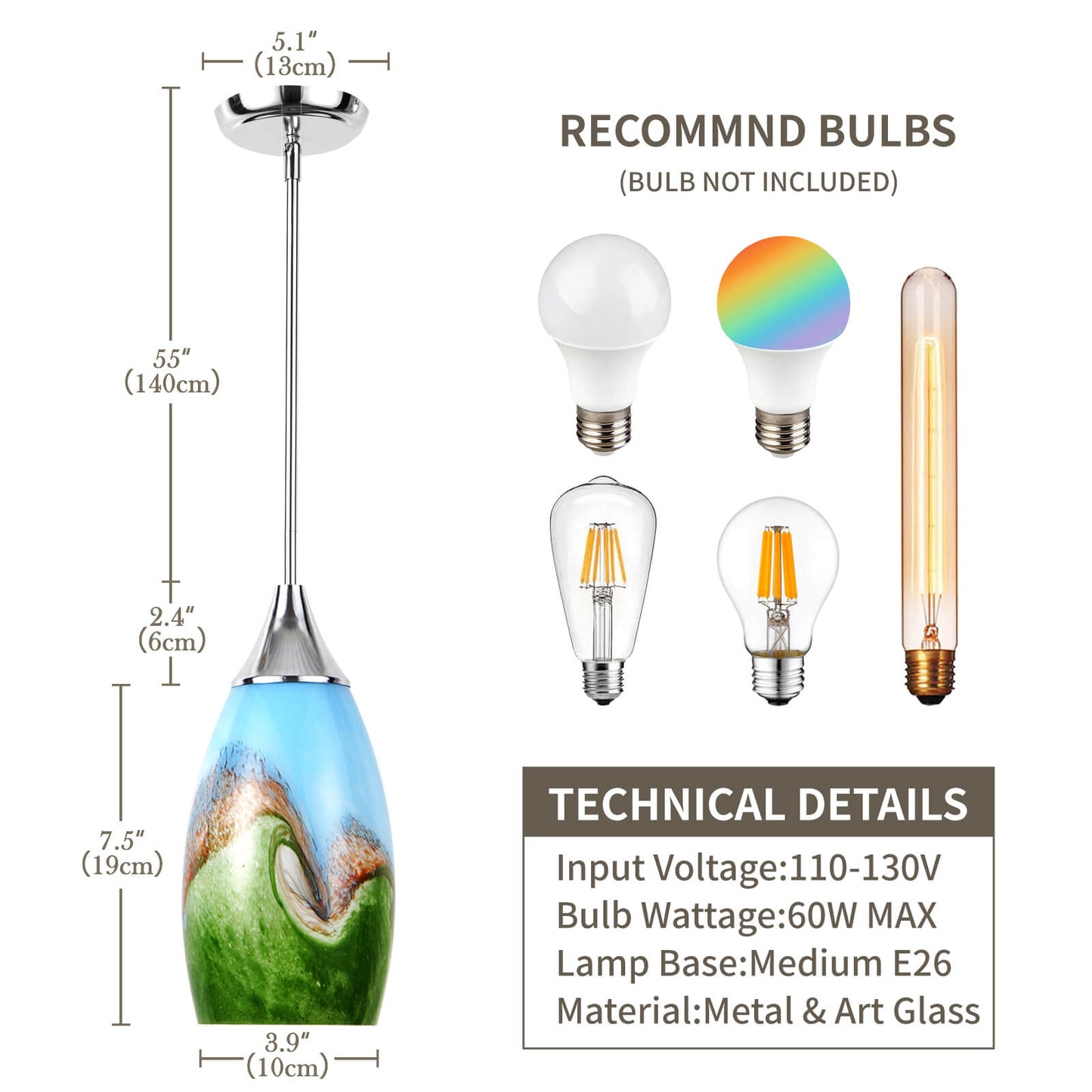 Porseme Pendant Light Features Kitchen Island Hanging Lamp with Plug-in Adjustable Rod Handcraft Art Glass Shade E26 Socket for Home Kitchen Sink Make-up Table Counter
