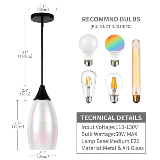 Porseme Pendant Light Features Kitchen Island Hanging Lamp with Plug-in Adjustable Black Rod Handcraft Art Glass Shade E26 Socket for Home Kitchen Sink Counter Make-up Table (White)