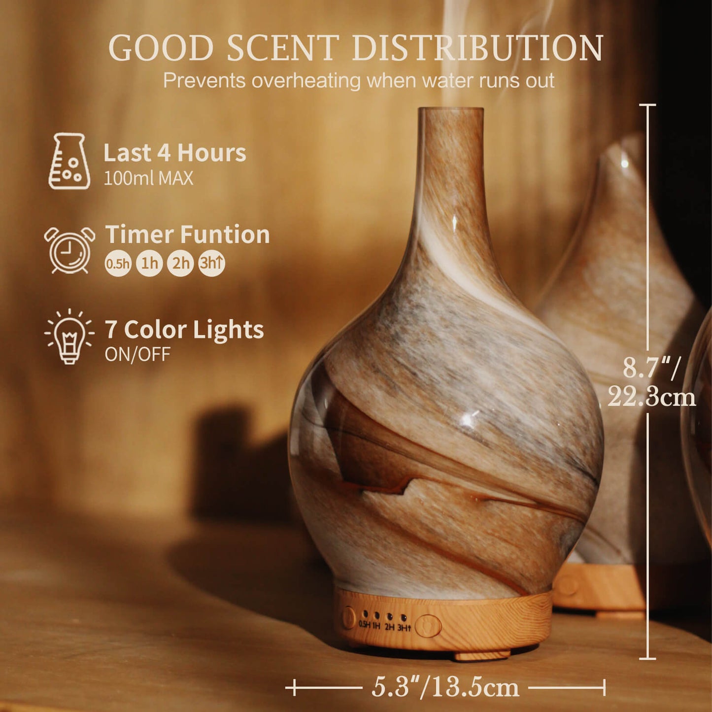 Porseme 100ml Glass Essential Oil Diffuser Aromatherapy Ultrasonic Cool Mist Humidifier 4 Running Hours Waterless Auto-Off Air Diffusers for Sleeping,Yoga,Office Working Spa and Rest (Desert)