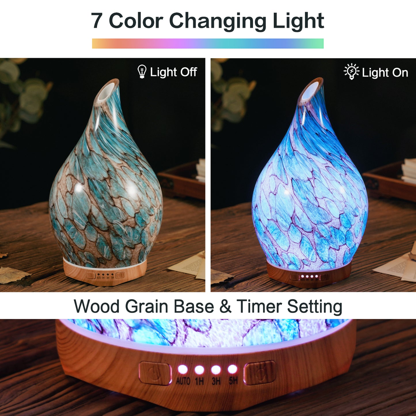 Porseme 280ml Glass Essential Oil Diffuser Aromatherapy Ultrasonic Cool Mist Humidifier 7 Running Hours Waterless Auto-Off Air Diffusers for Sleeping, Yoga, Office Working, Spa and Rest (Light Blue)