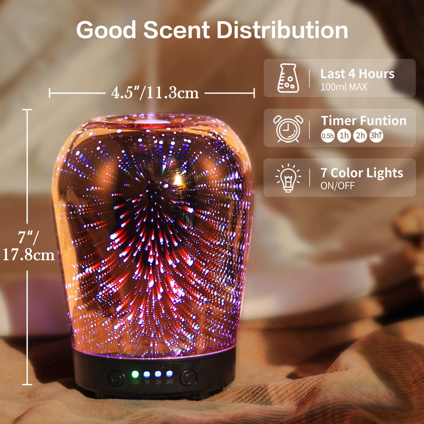Porseme Essential Oil Diffuser, Aromatherapy Ultrasonic Cool Mist Humidifier, 3D Effect Glass, Auto Shut-Off Timer Setting, 100ml Aroma Decoration for Home Office Spa Premium Gift