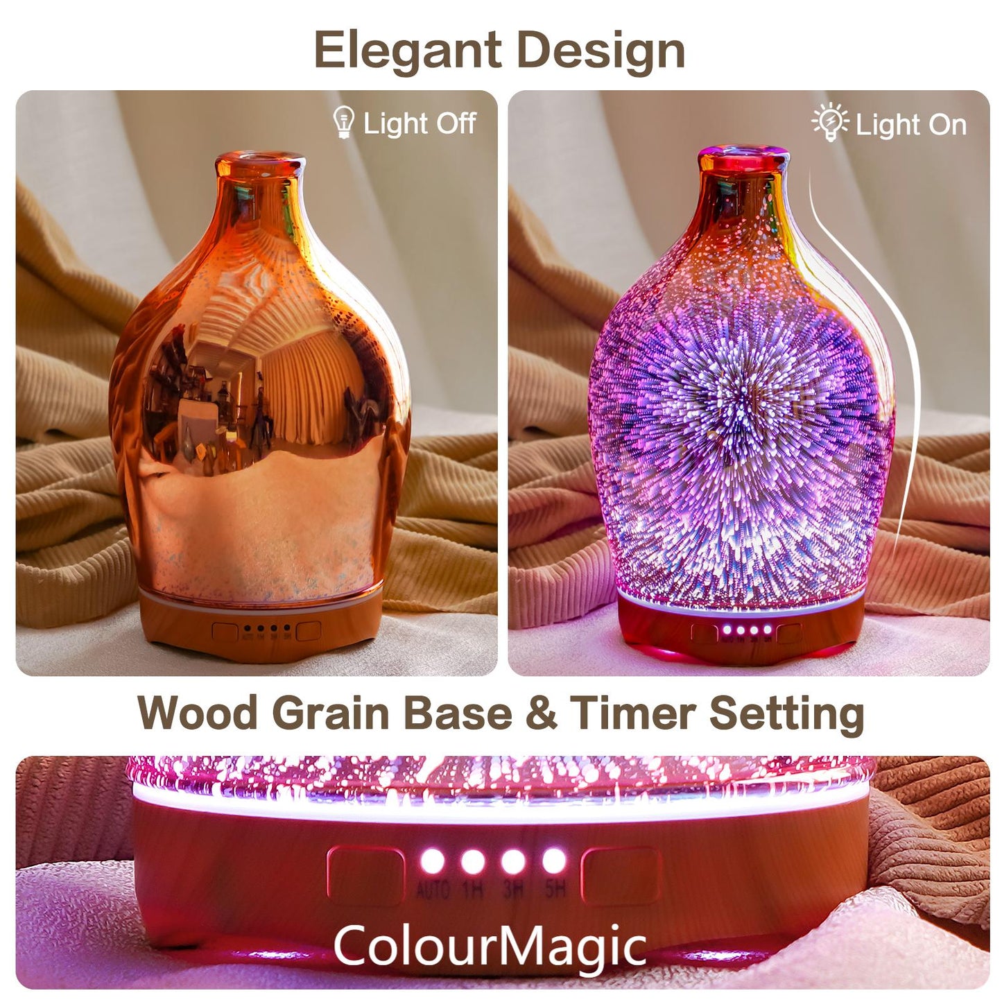 ColourMagic280ml Essential Oil Diffuser 3D Glass Aromatherapy Ultrasonic Humidifier - Auto Shut-Off, Timer Setting, BPA Free for Home Hotel Yoga Leisure SPA Gift