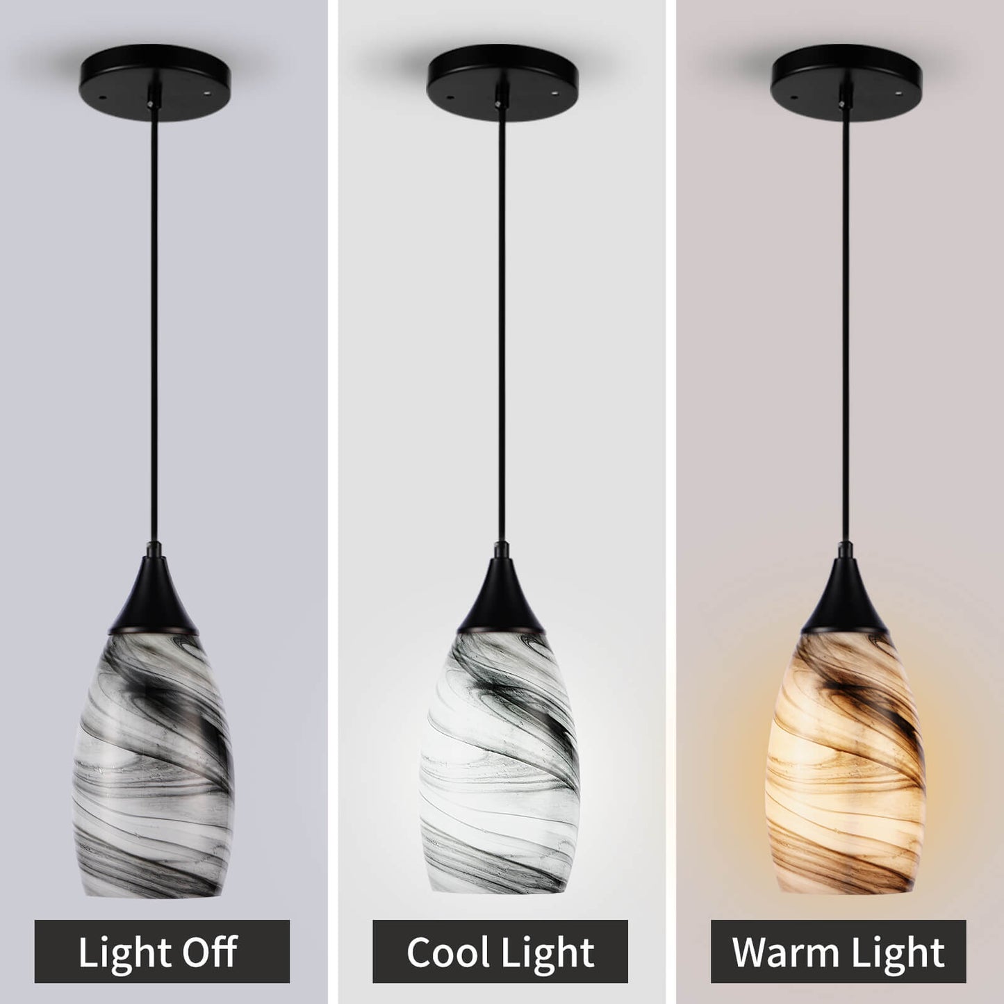 Porseme Pendant Light Features Kitchen Island Hanging Lamp with Plug-in Adjustable Black Cord Handcraft Art Glass Shade E26 Socket for Home Kitchen Sink Counter Make-up Table (Ink)