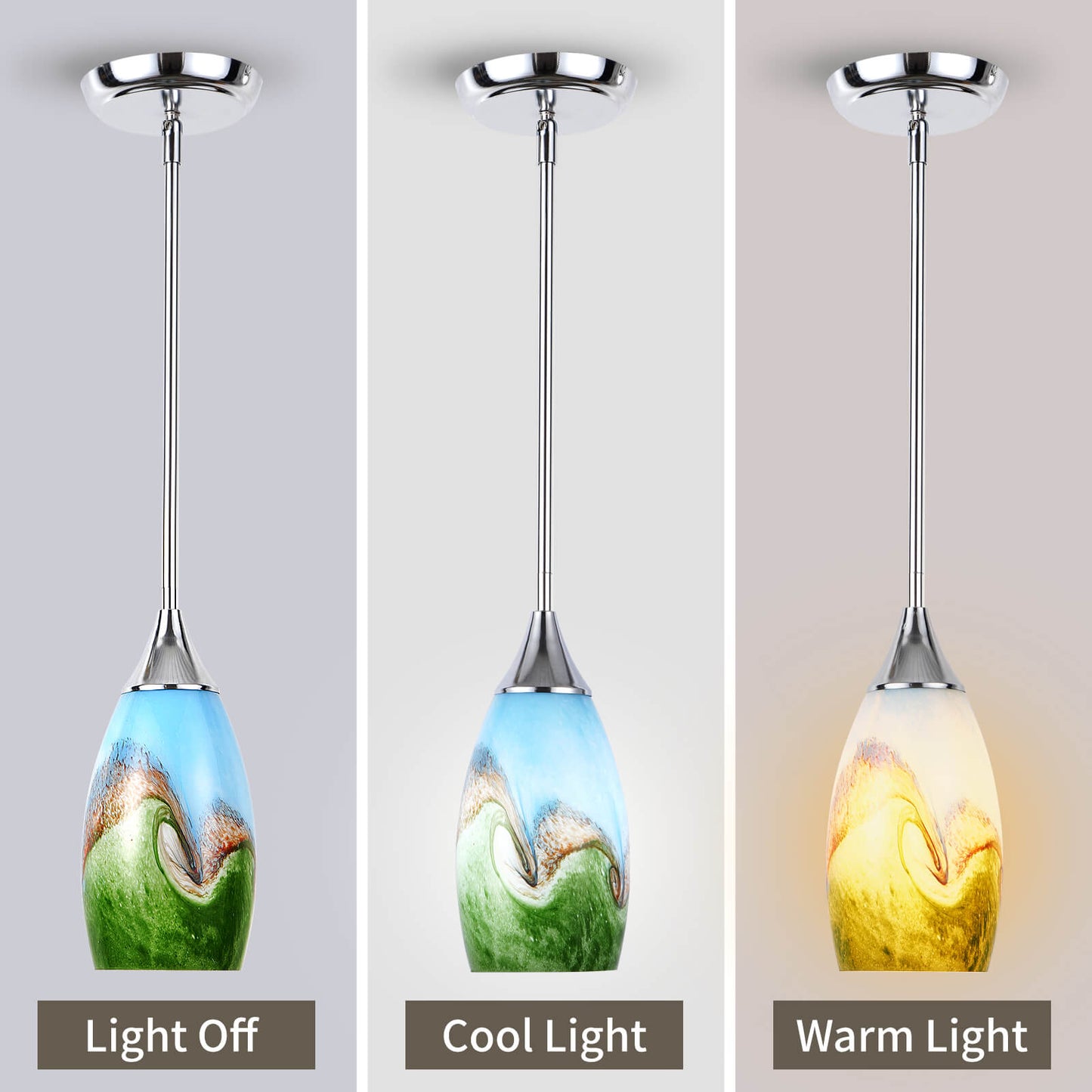 Porseme Pendant Light Features Kitchen Island Hanging Lamp with Plug-in Adjustable Rod Handcraft Art Glass Shade E26 Socket for Home Kitchen Sink Make-up Table Counter