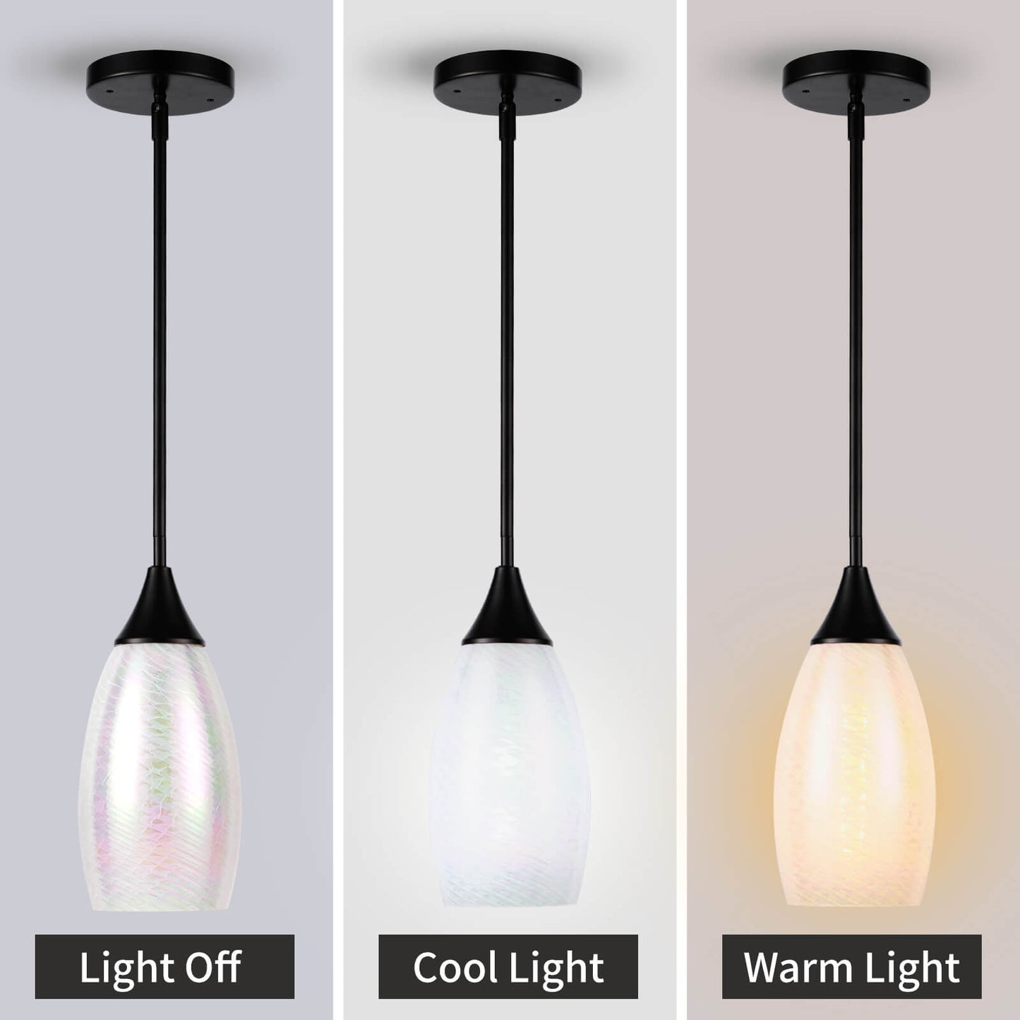 Porseme Pendant Light Features Kitchen Island Hanging Lamp with Plug-in Adjustable Black Rod Handcraft Art Glass Shade E26 Socket for Home Kitchen Sink Counter Make-up Table (White)