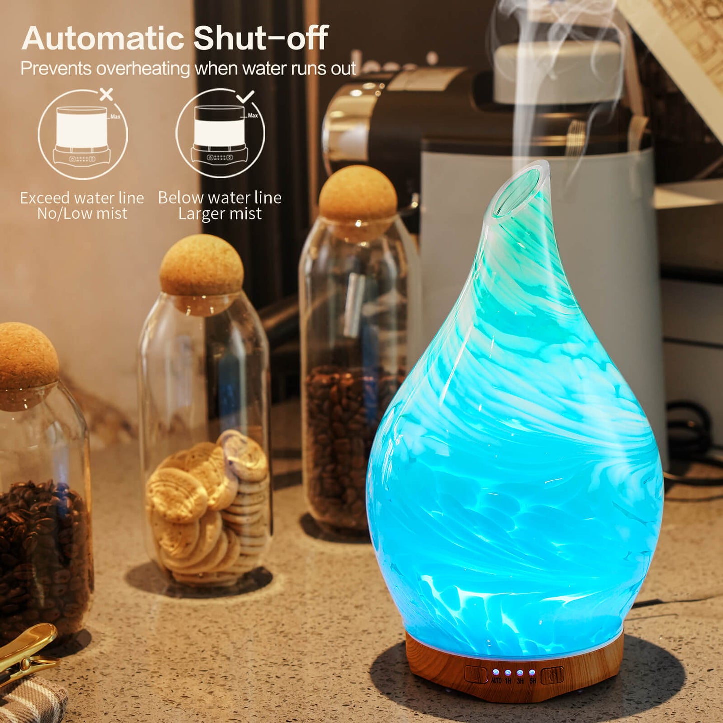 Porseme 280ml Essential Oil Diffuser Glass Color Changing Aroma Air Diffusers Aromatherapy Ultrasonic Cool Mist Humidifier 7 Running Hours Waterless Auto-off for Sleeping, Yoga, Office, Spa(Blue Wave)
