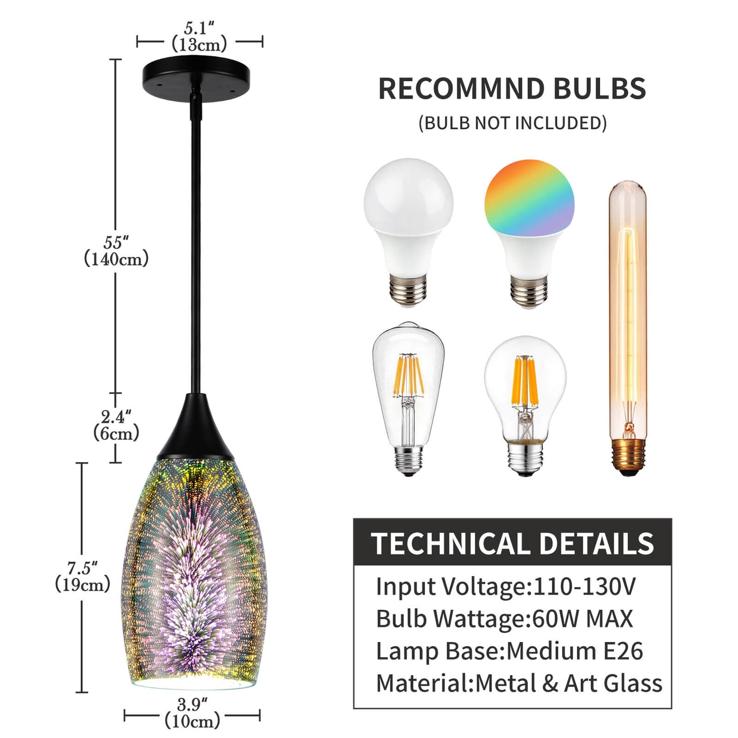 Porseme Pendant Light Features Kitchen Island Hanging Lamp with Adjustable Black Rod Handcraft 3D Glass Shade E26 Socket for Home Kitchen Sink Counter Make-up Table