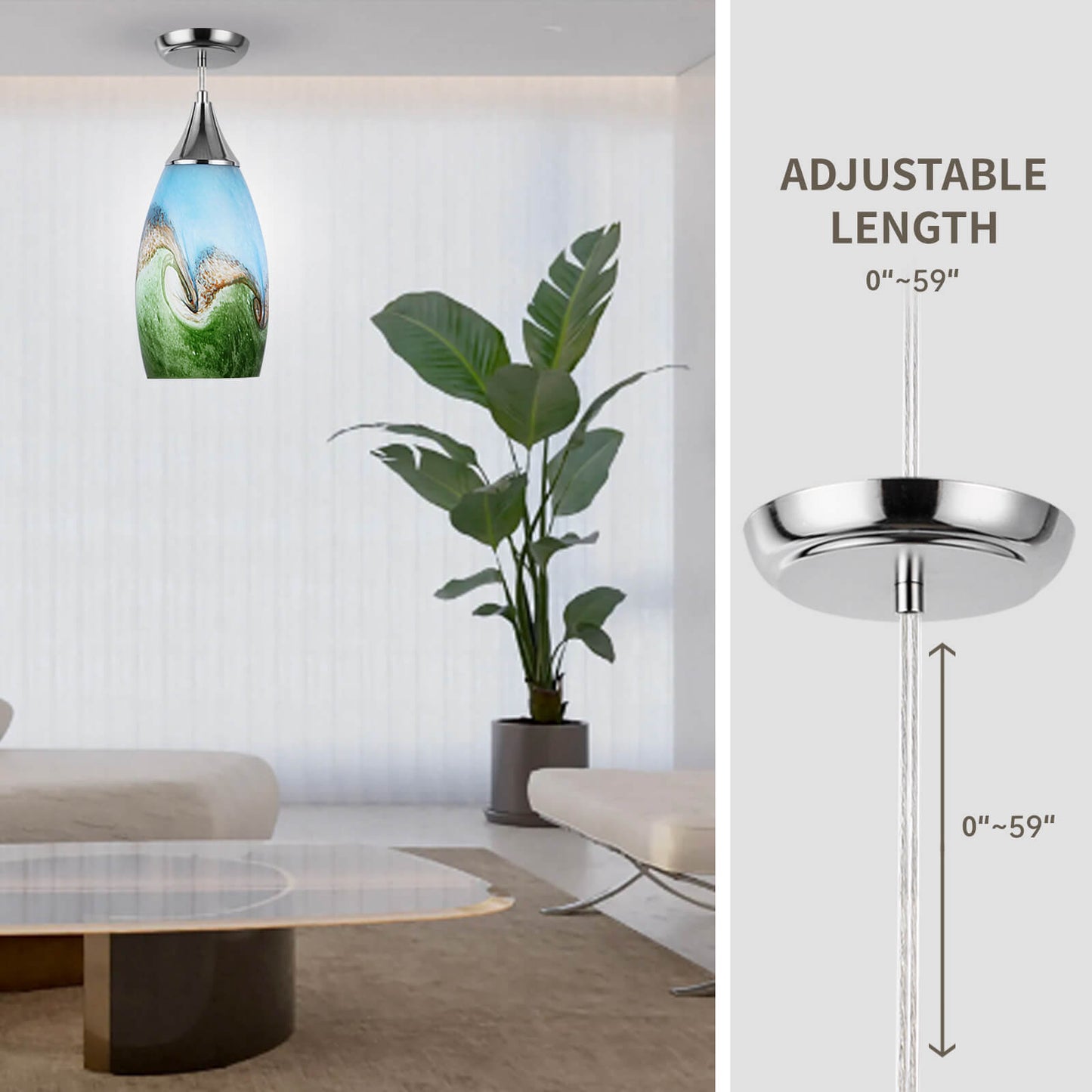 Porseme Pendant Light Features Kitchen Island Hanging Lamp with Plug-in Adjustable Cord Handcraft Art Glass Shade E26 Socket for Home Kitchen Sink Make-up Table Counter