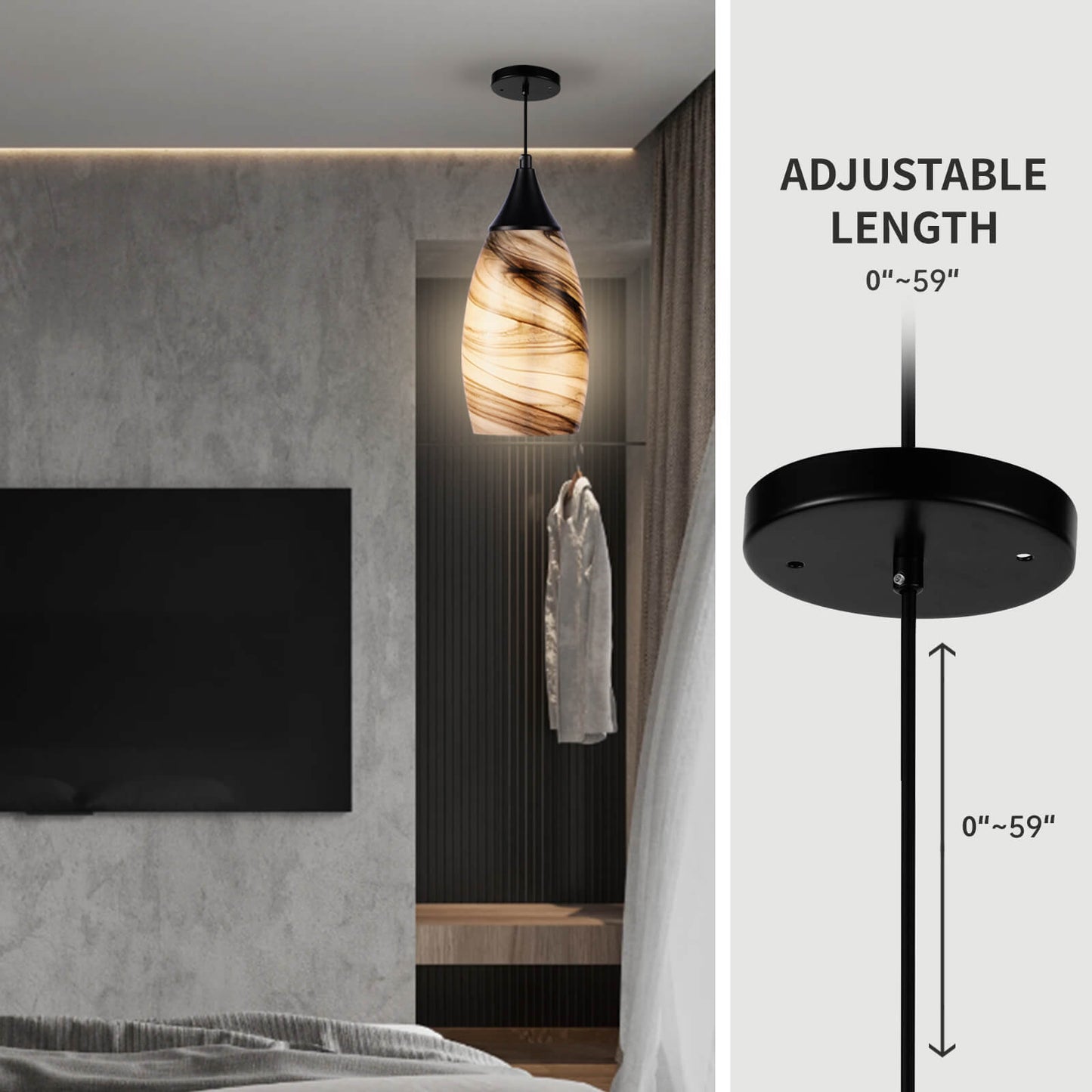 Porseme Pendant Light Features Kitchen Island Hanging Lamp with Plug-in Adjustable Black Cord Handcraft Art Glass Shade E26 Socket for Home Kitchen Sink Counter Make-up Table (Ink)