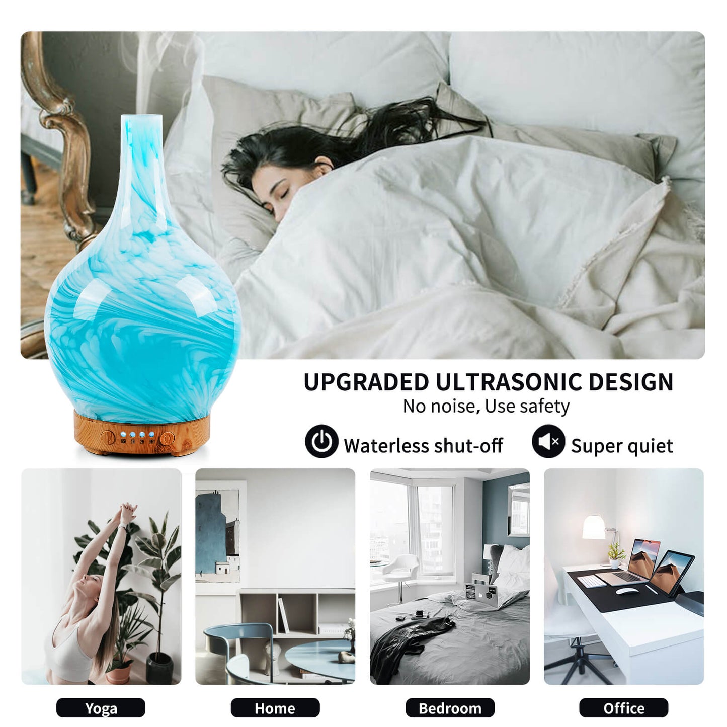 Porseme 100ml Essential Oil Diffuser Glass Color Changing Aroma Air Diffusers Aromatherapy Ultrasonic Cool Mist Humidifier 4 Running Hours Waterless Auto-Off for Sleeping, Yoga, Office, Spa(Blue Wave)