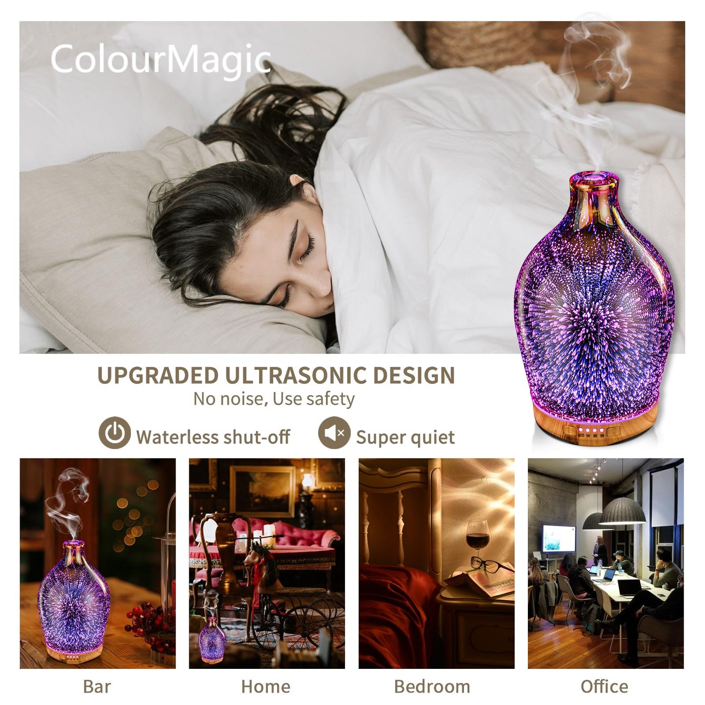 ColourMagic280ml Essential Oil Diffuser 3D Glass Aromatherapy Ultrasonic Humidifier - Auto Shut-Off, Timer Setting, BPA Free for Home Hotel Yoga Leisure SPA Gift