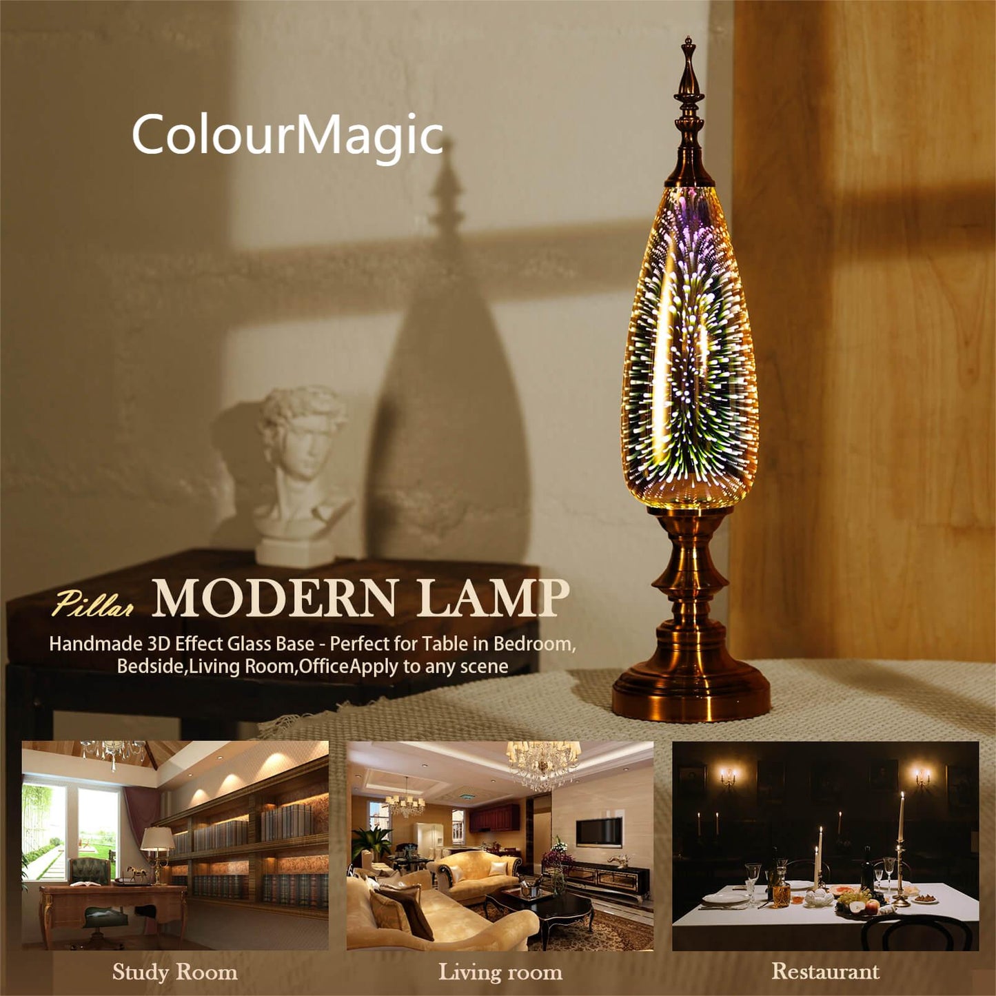 ColourMagic Table Lamp Decorative Turkish Arabian Desk Lamp with Handmade 3D Effect Glass and Bronze Base for Bedroom, Bedside, Living Room, Office