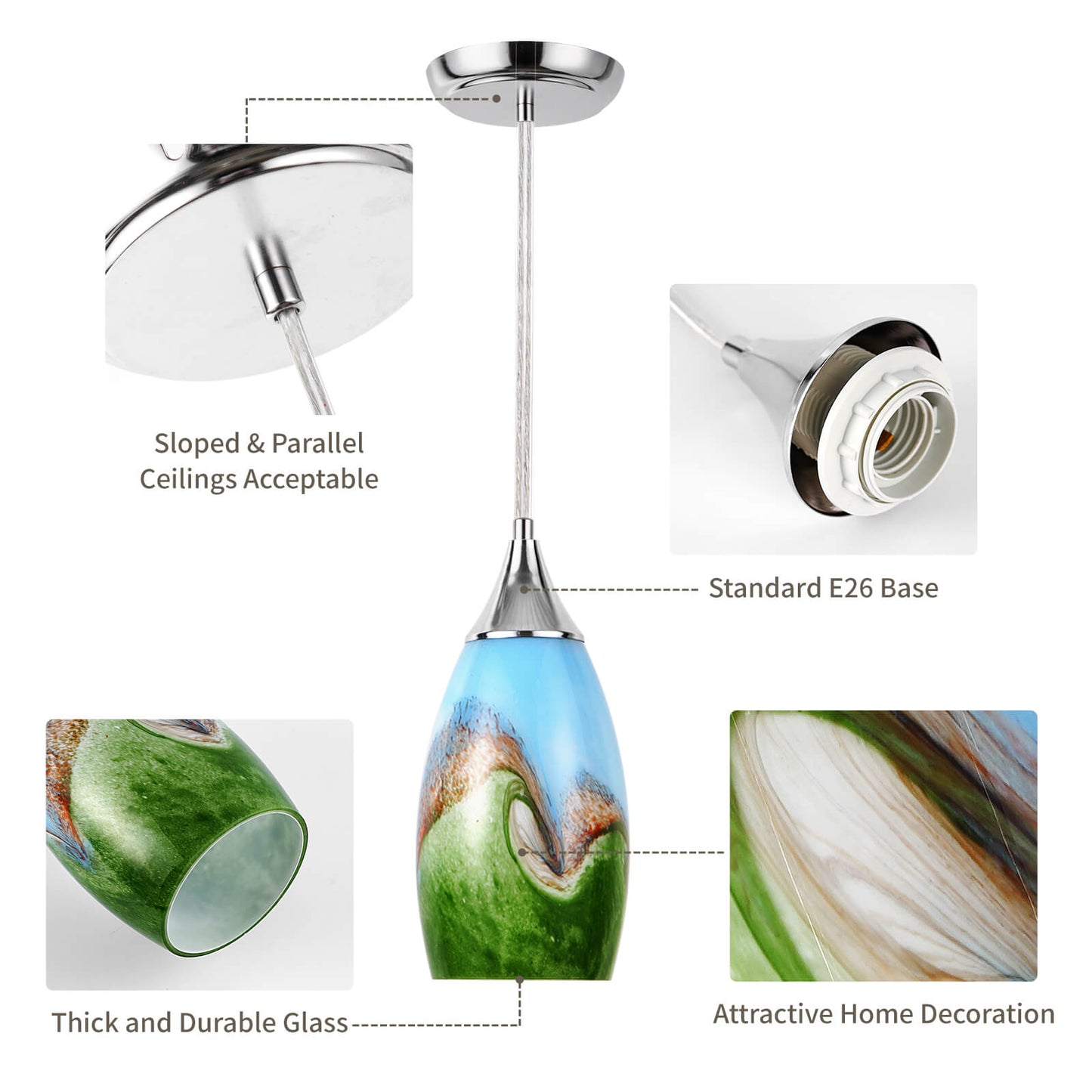 Porseme Pendant Light Features Kitchen Island Hanging Lamp with Plug-in Adjustable Cord Handcraft Art Glass Shade E26 Socket for Home Kitchen Sink Make-up Table Counter