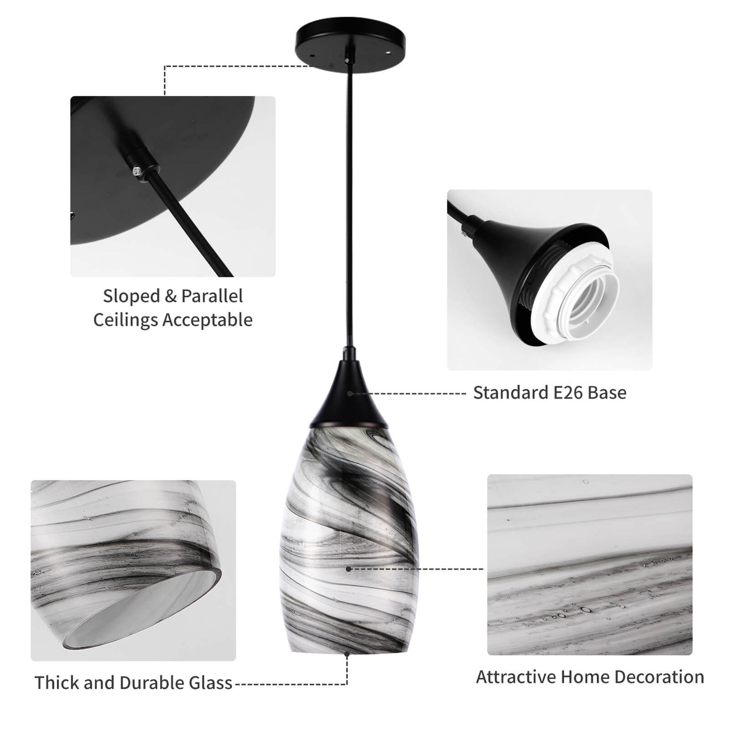 Porseme Pendant Light Features Kitchen Island Hanging Lamp with Plug-in Adjustable Black Cord Handcraft Art Glass Shade E26 Socket for Home Kitchen Sink Counter Make-up Table (Ink)