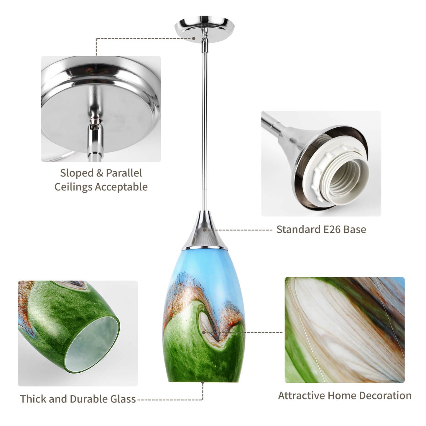 Porseme Pendant Light Features Kitchen Island Hanging Lamp with Plug-in Adjustable Rod Handcraft Art Glass Shade E26 Socket for Home Kitchen Sink Make-up Table Counter