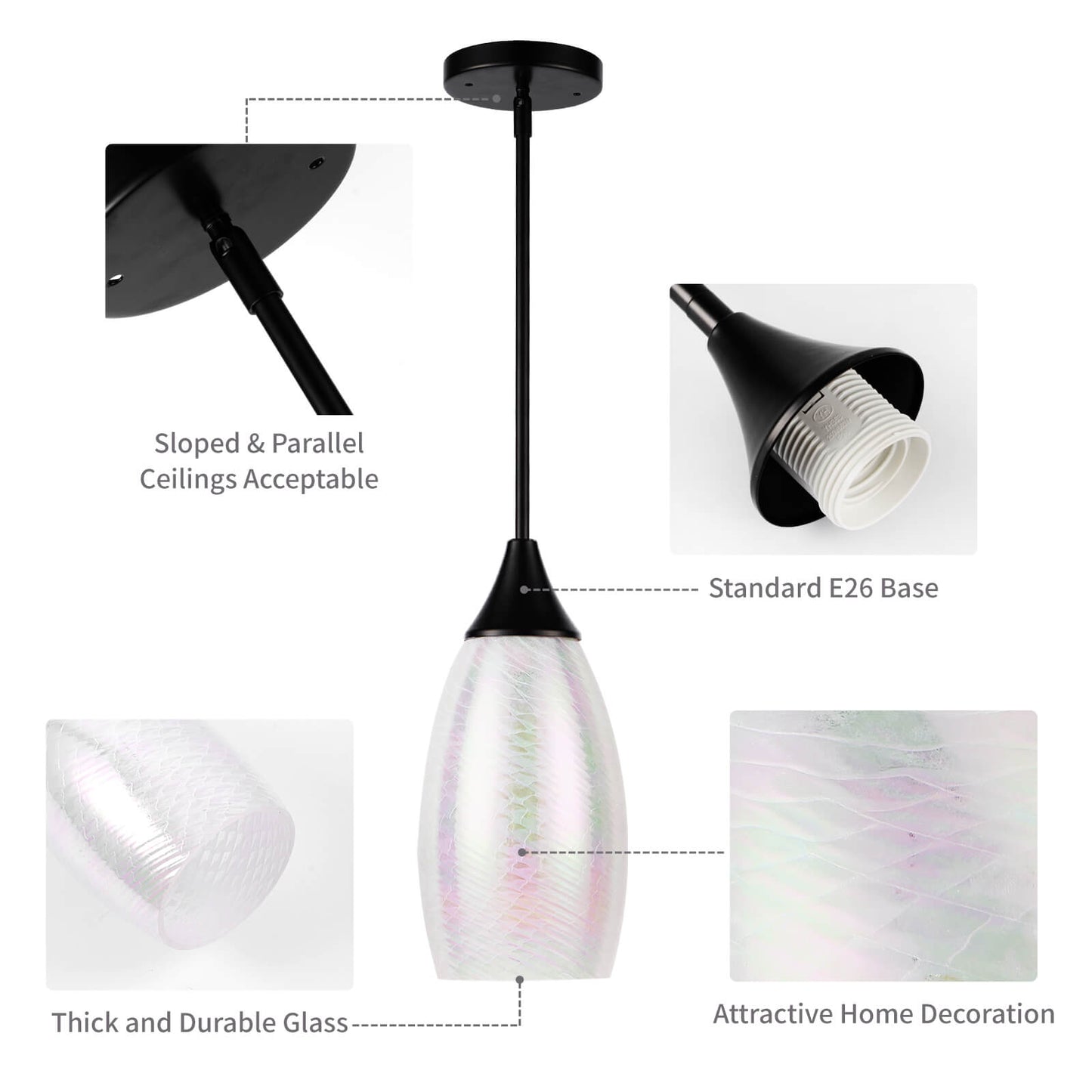 Porseme Pendant Light Features Kitchen Island Hanging Lamp with Plug-in Adjustable Black Rod Handcraft Art Glass Shade E26 Socket for Home Kitchen Sink Counter Make-up Table (White)