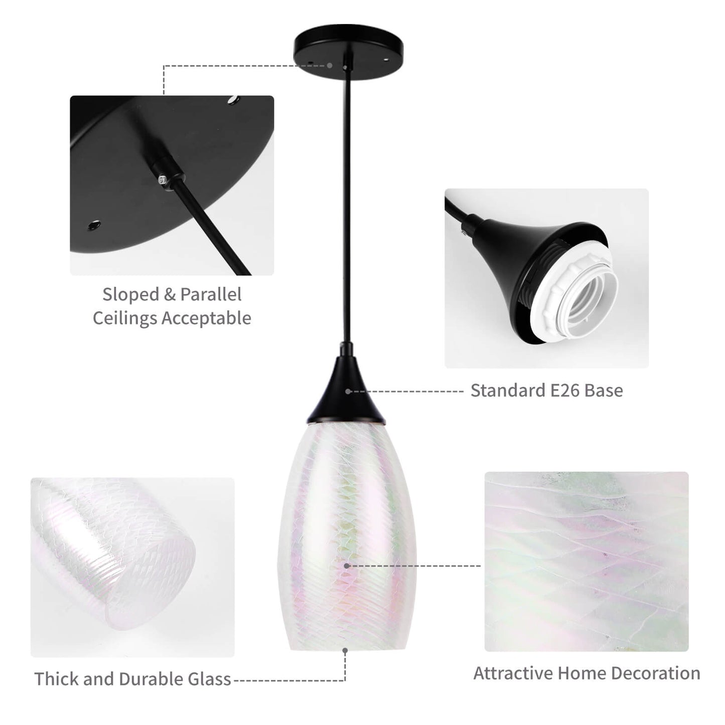 Porseme Pendant Light Features Kitchen Island Hanging Lamp with Plug-in Adjustable Black Cord Handcraft Art Glass Shade E26 Socket for Home Kitchen Sink Counter Make-up Table (White)