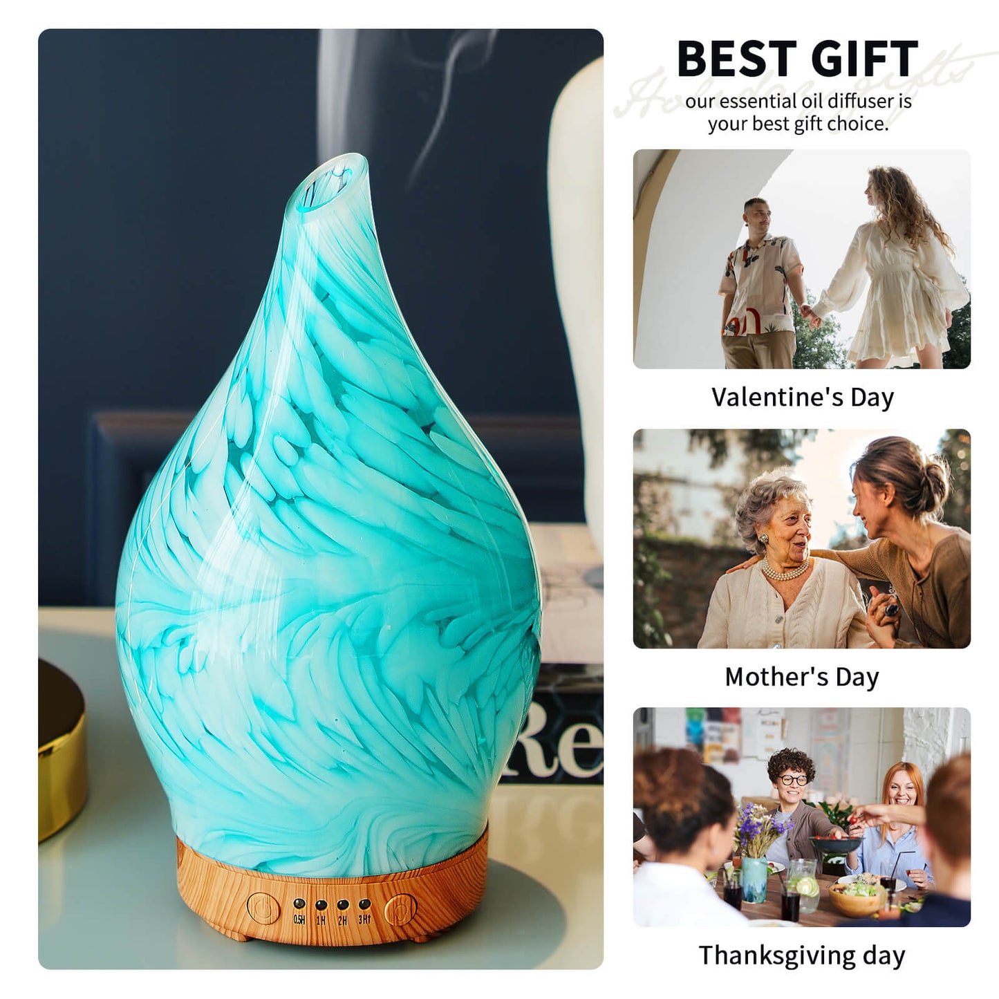 Porseme 100ml Essential Oil Diffuser Glass Color Changing Aroma Air Diffusers Aromatherapy Ultrasonic Cool Mist Humidifier 4 Running Hours Waterless Auto-Off for Sleeping Yoga Office Spa (Blue Wave)