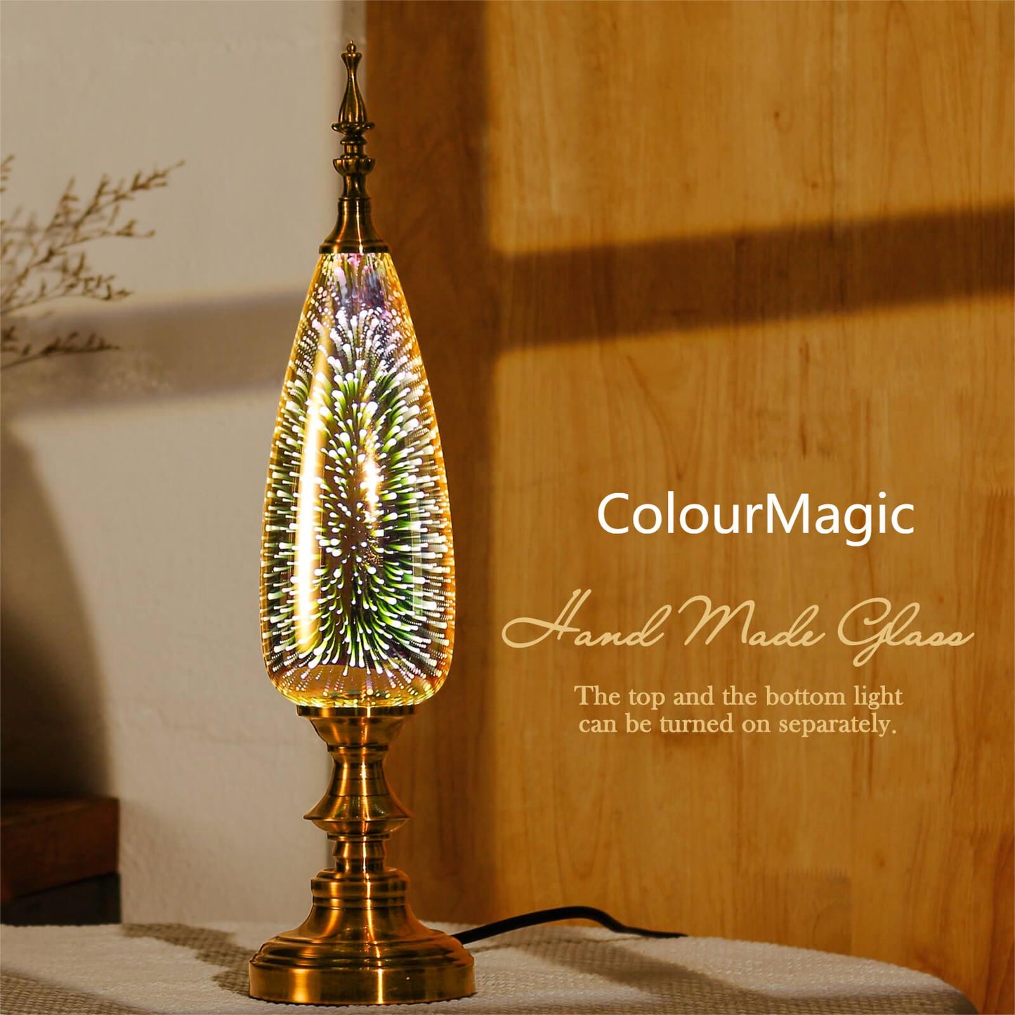 ColourMagic Table Lamp Decorative Turkish Arabian Desk Lamp with Handmade 3D Effect Glass and Bronze Base for Bedroom, Bedside, Living Room, Office