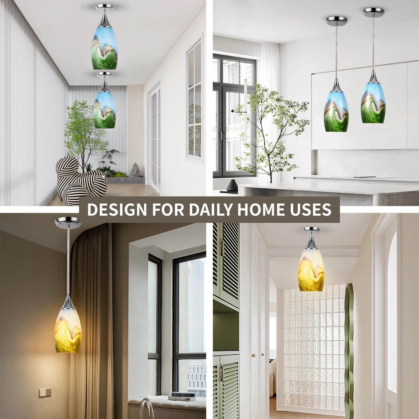 Porseme Pendant Light Features Kitchen Island Hanging Lamp with Plug-in Adjustable Cord Handcraft Art Glass Shade E26 Socket for Home Kitchen Sink Make-up Table Counter