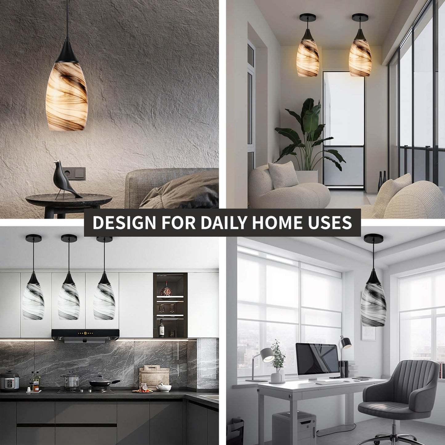 Porseme Pendant Light Features Kitchen Island Hanging Lamp with Plug-in Adjustable Black Cord Handcraft Art Glass Shade E26 Socket for Home Kitchen Sink Counter Make-up Table (Ink)