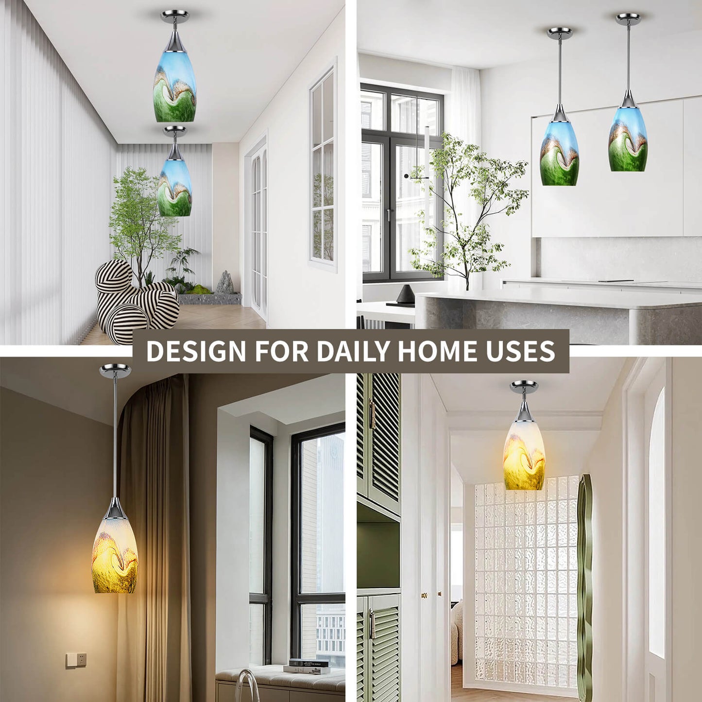 Porseme Pendant Light Features Kitchen Island Hanging Lamp with Plug-in Adjustable Rod Handcraft Art Glass Shade E26 Socket for Home Kitchen Sink Make-up Table Counter