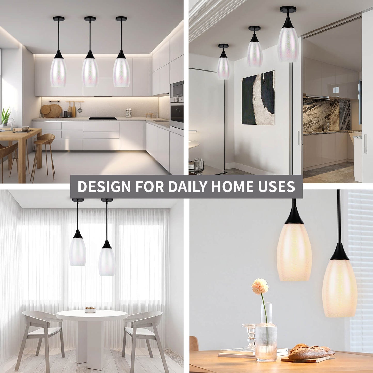Porseme Pendant Light Features Kitchen Island Hanging Lamp with Plug-in Adjustable Black Rod Handcraft Art Glass Shade E26 Socket for Home Kitchen Sink Counter Make-up Table (White)