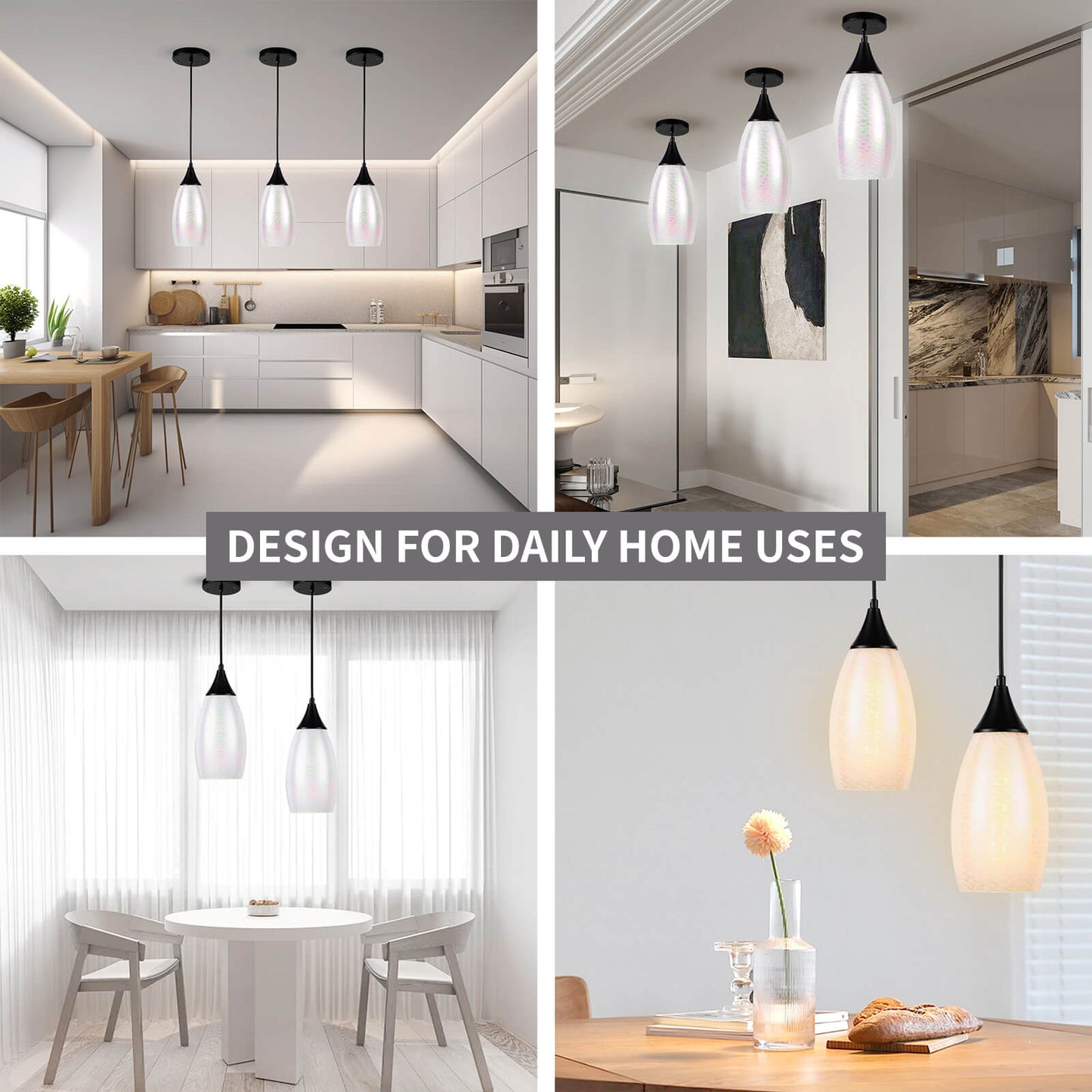 Porseme Pendant Light Features Kitchen Island Hanging Lamp with Plug-in Adjustable Black Cord Handcraft Art Glass Shade E26 Socket for Home Kitchen Sink Counter Make-up Table (White)
