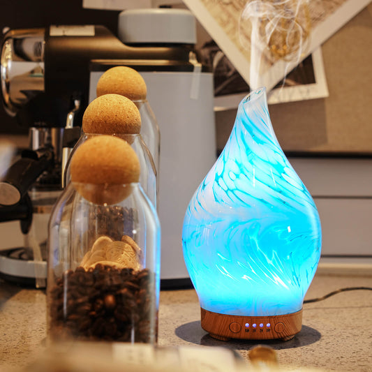 Porseme 100ml Essential Oil Diffuser Glass Color Changing Aroma Air Diffusers Aromatherapy Ultrasonic Cool Mist Humidifier 4 Running Hours Waterless Auto-Off for Sleeping Yoga Office Spa (Blue Wave)