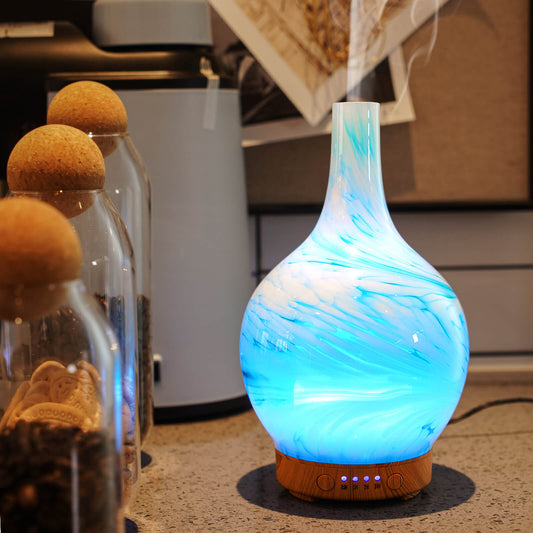 Porseme 100ml Essential Oil Diffuser Glass Color Changing Aroma Air Diffusers Aromatherapy Ultrasonic Cool Mist Humidifier 4 Running Hours Waterless Auto-Off for Sleeping, Yoga, Office, Spa(Blue Wave)