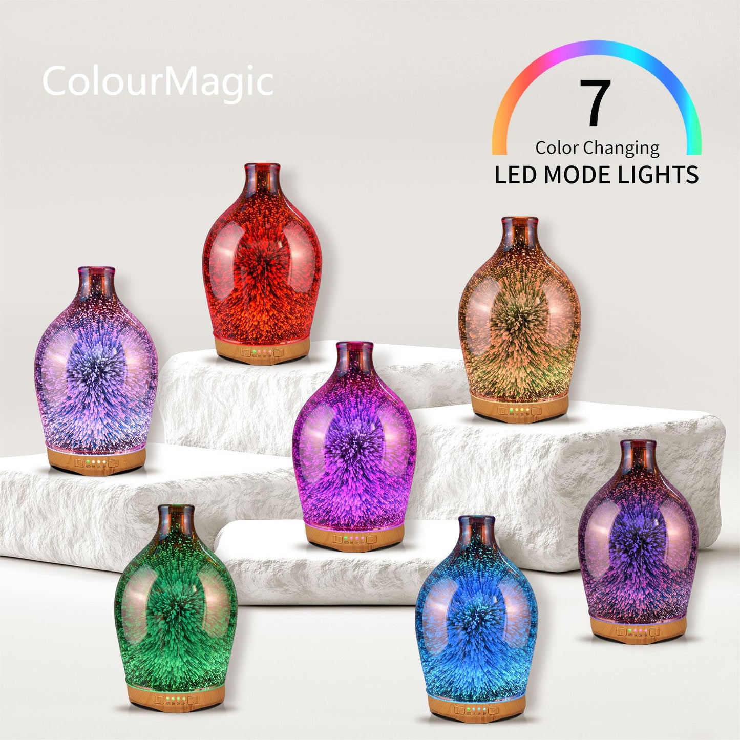 ColourMagic280ml Essential Oil Diffuser 3D Glass Aromatherapy Ultrasonic Humidifier - Auto Shut-Off, Timer Setting, BPA Free for Home Hotel Yoga Leisure SPA Gift