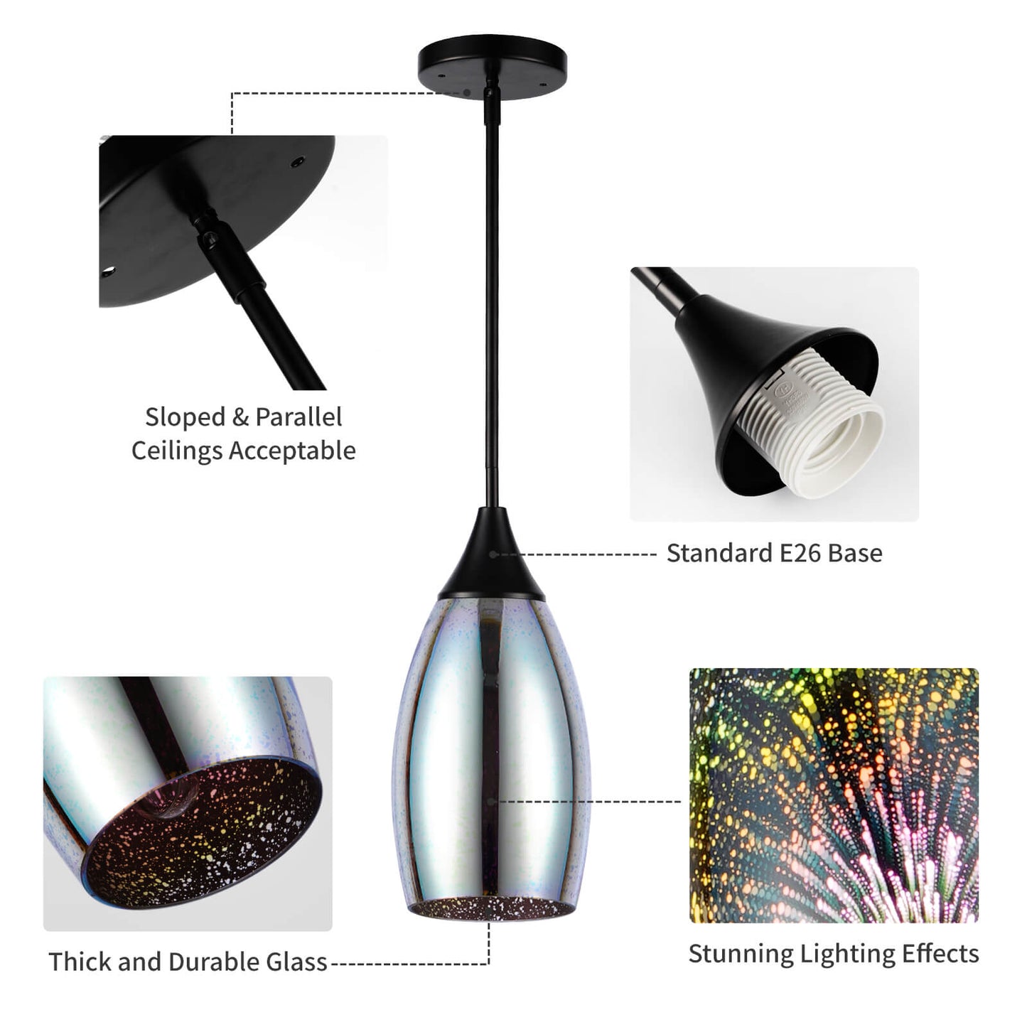 Porseme Pendant Light Features Kitchen Island Hanging Lamp with Adjustable Black Rod Handcraft 3D Glass Shade E26 Socket for Home Kitchen Sink Counter Make-up Table