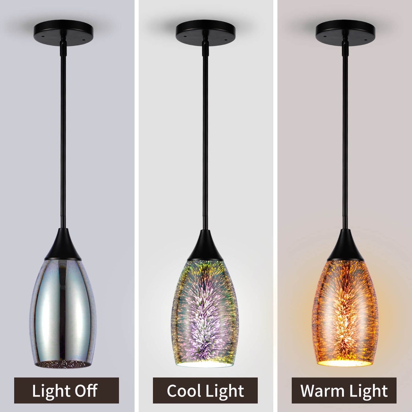 Porseme Pendant Light Features Kitchen Island Hanging Lamp with Adjustable Black Rod Handcraft 3D Glass Shade E26 Socket for Home Kitchen Sink Counter Make-up Table