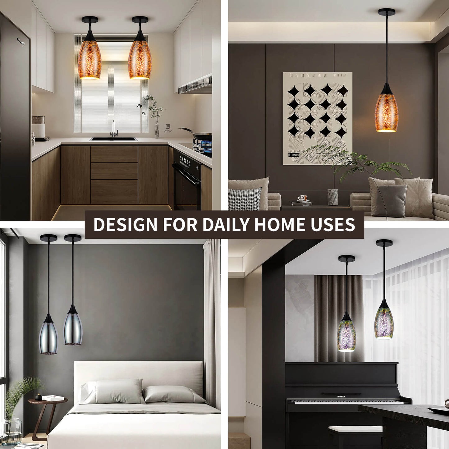 Porseme Pendant Light Features Kitchen Island Hanging Lamp with Adjustable Black Rod Handcraft 3D Glass Shade E26 Socket for Home Kitchen Sink Counter Make-up Table