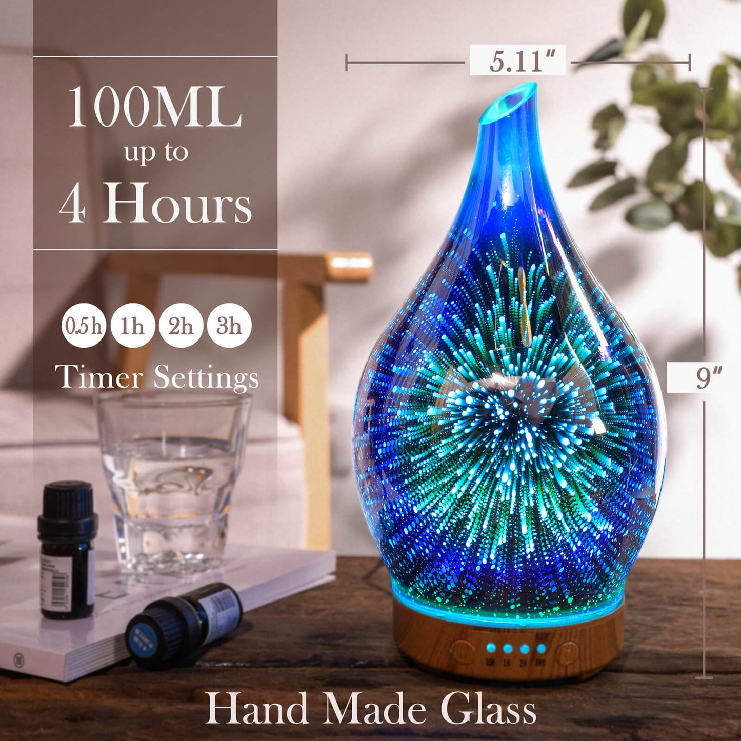 Porseme Essential Oil Diffuser 3D Glass Aromatherapy Ultrasonic Humidifier, Air Refresh Auto Shut-Off, Timer Setting, BPA Free for Home Hotel Yoga Leisure SPA Gift 100ml Last 4H