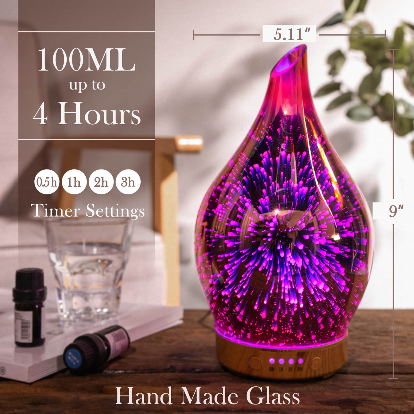 Essential Oil Diffuser 3D Firework Glass Aromatherapy Ultrasonic Humidifier Rose Gold, Auto Shut-Off,Timer Setting, BPA Free, Aroma Decoration for Home,Office,Gym,Spa,Premium Gift 100ML